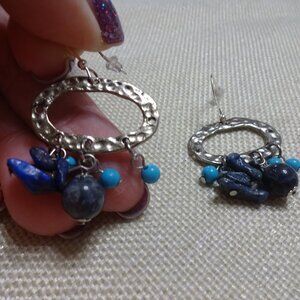 Unique BLUE BEADED Handmade Silver Dangle Earrings #474C